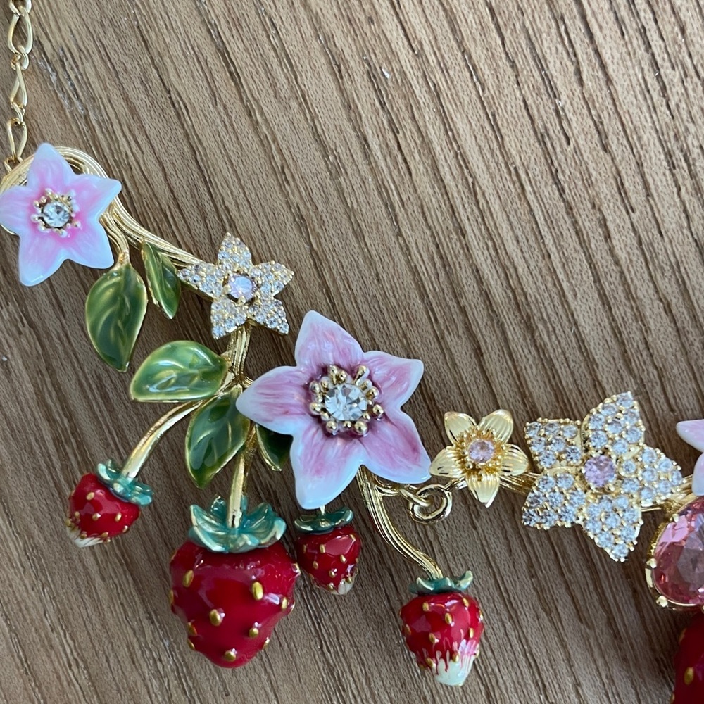 Anthropologie Pink, Red & Green Strawberry Floral Necklace - Picture 7 of 10